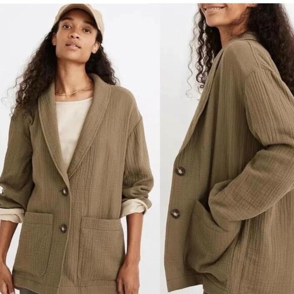 Madewell gauze blazer S Army Green Cotton oversized patch Pockets - Picture 1 of 10